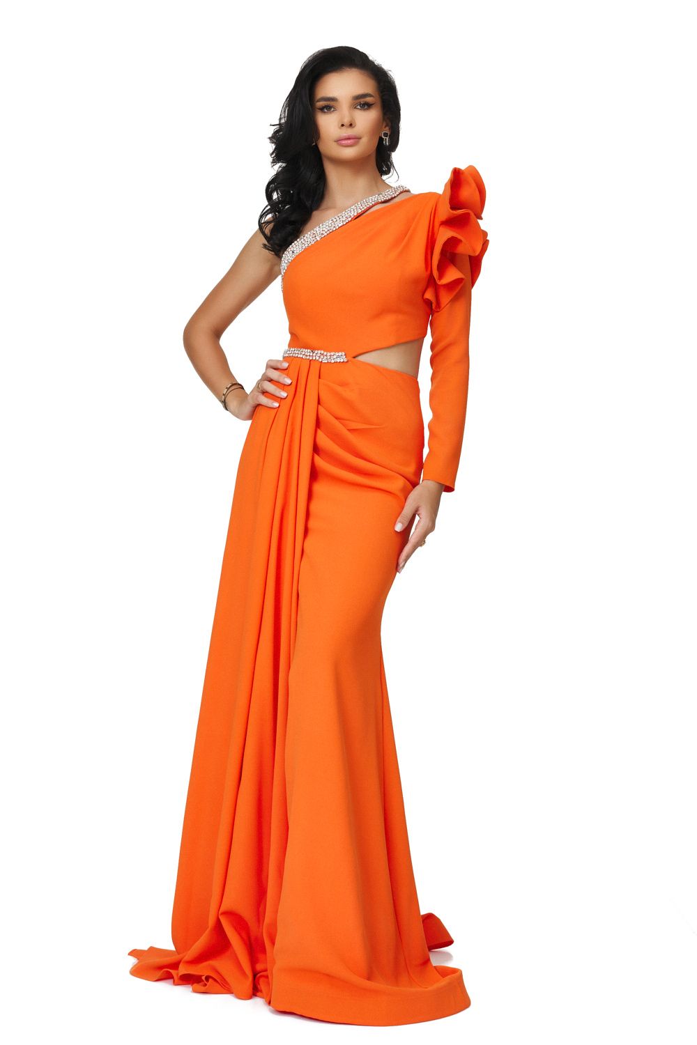 Дълга оранжева дамска рокля от плат Elasia Bogas